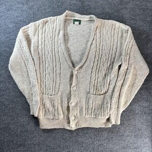 Vintage IZOD Sweater Mens Medium Beige Cable Knit Cardigan Pockets Made USA